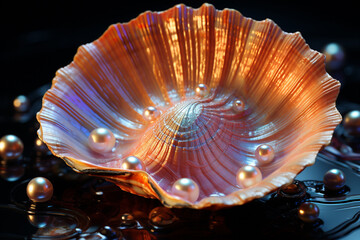 Aufkleber - A close-up of a single pearl glistening within a shell against a black backdrop, emphasizing its purity and luminosity.  