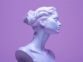 Wall Mural - Statue of elegant Woman in profile from sculptural plasticine or clay. Gypsum head female Sculpture with violet pastel background. Modern trendy aesthetic y2k style for collage and decorations