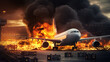 Urgency and chaos as emergency crews respond to a blazing airliner on the tarmac.