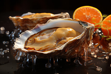 Leinwandbilder - A close-up photograph of an oyster on the half shell, with its glistening and briny interior enticing seafood enthusiasts.  