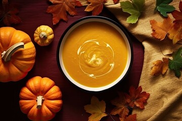 Canvas Print - creamy pumpkin soup with cream in a bowl