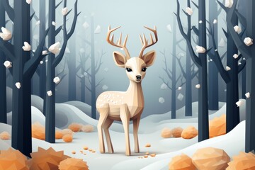 Wall Mural - 3d deer  in a snowy forest decoration figure christmas design illustration, xmas card