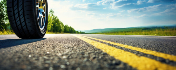 Summer tires on road in sunny day near beautiful nature. wide tire banner. copy space for text.