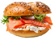 Smoked salmon and cream cheese bagel with arugula isolated on white background as transparent PNG