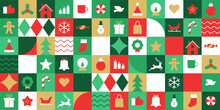 Modern Geometric Christmas Mosaic Seamless Pattern. Abstract Xmas Holiday Icon Background With Traditional Winter Decoration. Festive Party Invitation Texture, Minimalist December Event Print.