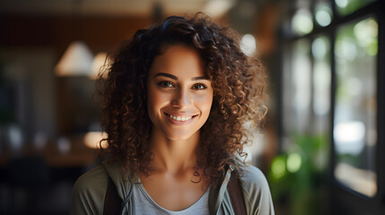 Wall Mural - A female software engineer in a tech startup, natural sunlight through windows, dressed in casual tech attire