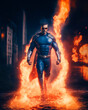 Superhero white man walking away from fire