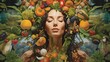 A serene woman surrounded by a vibrant array of fresh fruits artistically arranged to represent a halo, symbolizing a holistic approach to health and wellbeing.