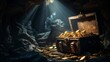 pirates treasure chest inside a dark cave, generative AI.