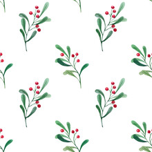 Watercolor Seamless Pattern With Twigs With Green Leaves And Red Berries. Hand Drawn Illustration For Christmas And New Year Design And Decoration. Wrapping Paper, Textiles, Congratulations And Cards