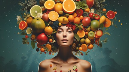 Wall Mural - A serene woman surrounded by a vibrant array of fresh fruits artistically arranged to represent a halo, symbolizing a holistic approach to health and wellbeing.