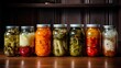 A vibrant collection of assorted fermented foods displayed in clear glass jars, featuring a colorful array of textures and hues from vegetables and fruits, symbolizing healthy probiotic rich cuisine.