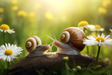 Two Snails Encounter Each Other On A Log With Daisies Camomile On Summer Morning Background. Wild Nature Concept