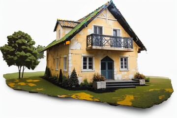 Wooden house with two floors and a balcony, isolated on a white background