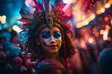 Wall Mural - Beautiful closeup portrait of girl in traditional Samba Dance outfit and makeup for the brazilian carnival. Rio De Janeiro festival in Brazil.