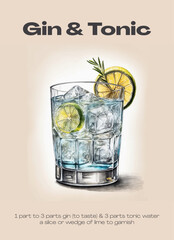 Wall Mural - Gin Tonic Cocktail on the rocks garnished with slice of lime and green herb. Summer aperitif retro poster. Minimalist print with alcoholic beverage on white background. Vector flat style illustration.