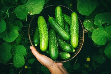 Wall Mural - Hand sorting freshly harvest cucumbers in farming background.