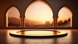 Fototapeta Przestrzenne - background for the Islamic holiday of Ramadan in a minimalist style, with a podium, with sunlight, in light beige delicate shades and elements of nature. ai generated