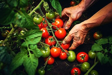 Wall Mural - Hand sorting freshly harvest tomatos in farming background.