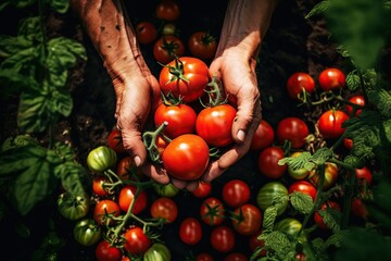 Wall Mural - Hand sorting freshly harvest tomatos in farming background.