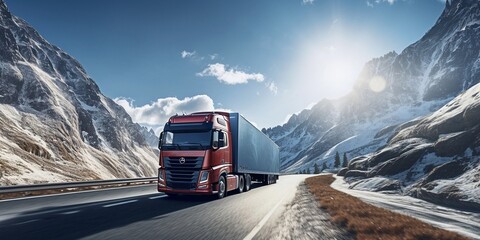 Wall Mural - front view of single truck on road to mountain, sunny day, snow