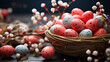 Easter concept. Multicolored eggs in a basket with spring flower branches.
