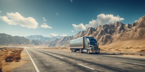 Wall Mural - front view of single truck on road to mountain, sunny day