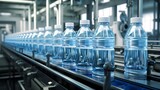 Fototapeta  - Automated production line with clear plastic drinking water bottles moving on a conveyor belt, with no brand labels attached, in a modern bottling factory.