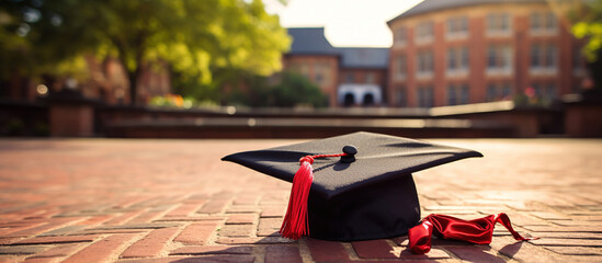 College graduation symbols: a cap and gown on campus grounds.