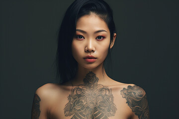 Wall Mural - Generative ai photo of beautiful charming asian woman with tattoo on her body