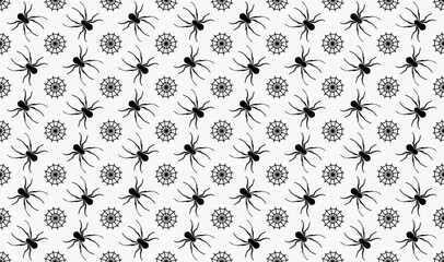 Spider sits on the web vector seamless pattern. Spider and spider`s web on gray background