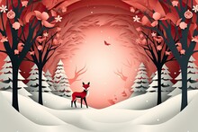 Christmas Fox In Winter Forest Paper Art Work