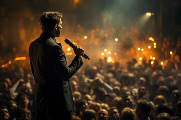 speaker on stage in front of a crowd of people