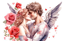 Kissing Couple, Angel Man And Woman. Watercolor Painting. Great For Valentine's Day Greeting Card, Posters, Banners