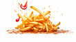 Fast food. Flying fried potatoes and ketchup isolated on white background. French fries. Made with generative ai