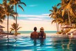 Couple enjoying beach vacation holidays at tropical resort with swimming pool and coconut palm trees near the coast with beautiful landscape, Generative Ai 