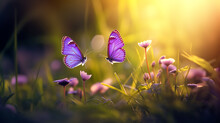 Small Wild Purple Flowers In Grass And Two Yellow Butterflies Soaring In Nature In Rays Of Sunlight Close-up. Spring Summer Natural Landscape