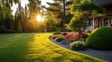 Beautiful Manicured Lawn And Flowerbed With Deciduous Shrubs On Private Plot And Track To House Against Backlit Bright Warm Sunset Evening Light On Background. Soft Focusing In Foreground