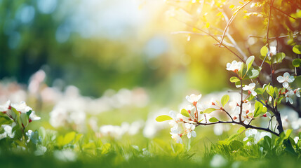 Wall Mural - Beautiful blurred spring background nature with blooming glade, trees and blue sky on a sunny day