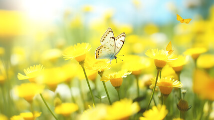 Wall Mural - Cheerful buoyant spring summer shot of yellow Santolina flowers and butterflies in meadow in nature outdoors on bright sunny day, macro. Soft selective focus 