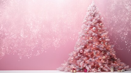 Pinkmas concept. Pink Christmas tree branches decorated with ornaments in pink color. Merry Xmas, Happy New Year 2024 in trendy colors. Vibrant colorful background for cards, invitations, greetings.