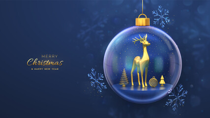 Wall Mural - Christmas greeting card. Golden deer in a transparent glass ball. Shining showflakes, glitter confetti. New Year Xmas blue background. Festive holiday poster, banner, flyer. 3D Vector illustration.