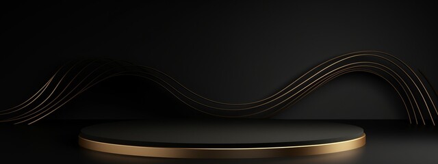 Gold black podium background 3D golden product line stage dark platform wave display. Design podium black luxury gold light scene pedestal presentation showcase event beauty shine object cosmetic sale