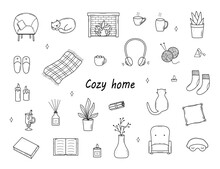 Cozy Home Set Of Doodle Cartoon Icons. Vector Illustration Elements Of Home Accessories, Comfort And Everyday Life.