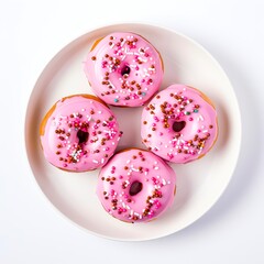 Canvas Print - Top view of plate of donuts with pink glaze and sprinkles on white background.