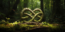 Abstract Icon Representing The Ecological Call To Recycle And Reuse In The Form Of A Moss With A Infinity Infinite Symbol In The Middle Of A Beautiful Untouched Jungle Or Forest. 3d Rendering