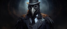 In A Dark And Eerie Background An Isolated Man Wearing A Black Carnival Mask And Donning A Doctor S Coat Painted A Haunting Portrait Of A Bird Amidst A Fantastical Setting This Art Concept 