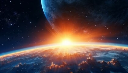 Wall Mural - cosmic landscape with planets, stars and galaxies in space. sunrise over planet in outer space. sola