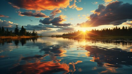 Poster - Fantastic sunset over lake. Dramatic sky. Beauty world. Beautiful sunset over the lake and clouds reflected in water, nature series, AI generated illustration
