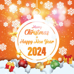 Wall Mural - merry christmas and happy new year 2024 typographical on orange background with gold glitter texture